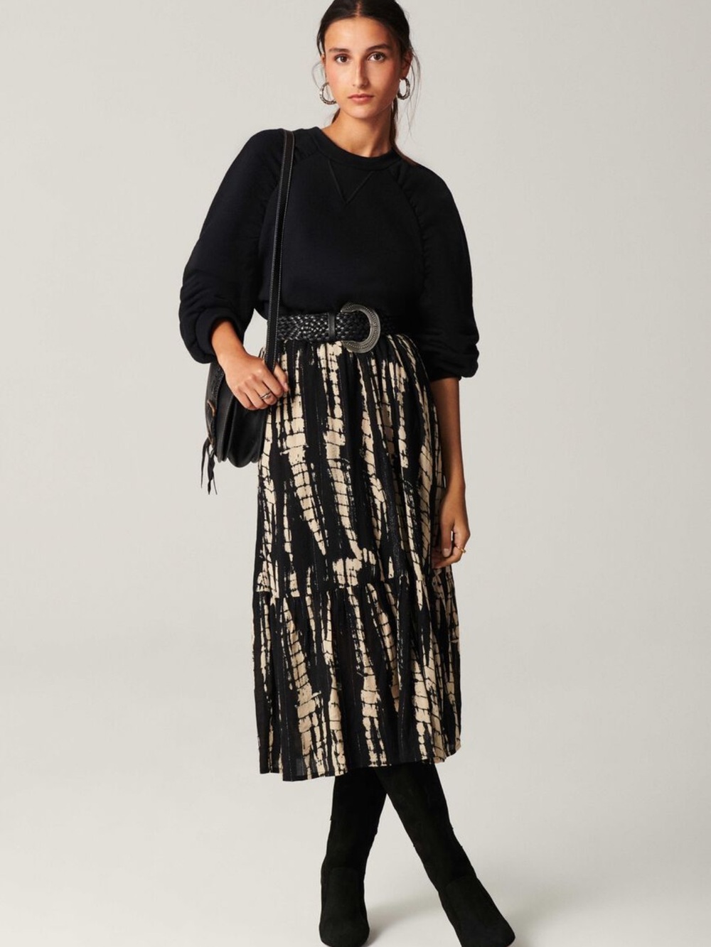 ba&sh Black and Cream Tie-Dye Pleated Midi Skirt - Retail $275